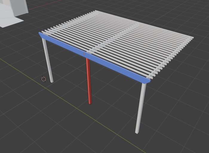 3D-modell av en pergola med vita lameller och en blå balk, samt en röd pelare undertill, visas i ett digitalt ritprogram.