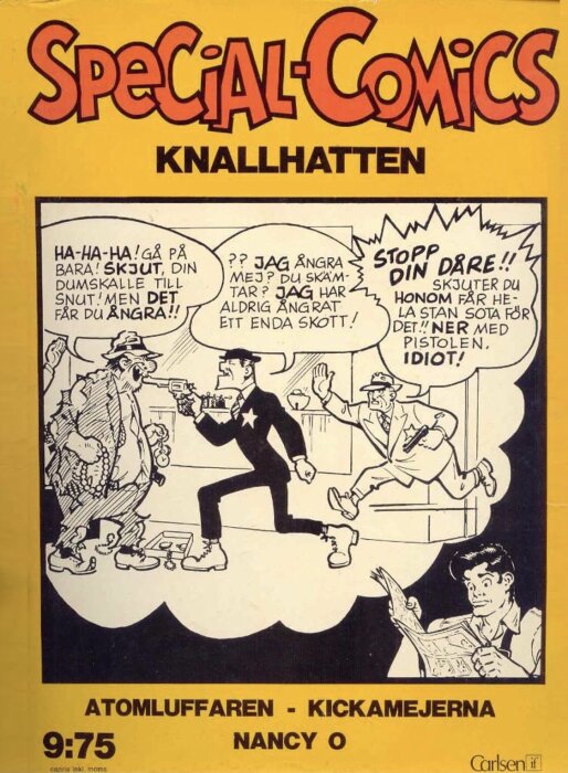 Serietidningsframsida med en polis och två brottslingar i dialog om att ångra sig innan skott avlossas.