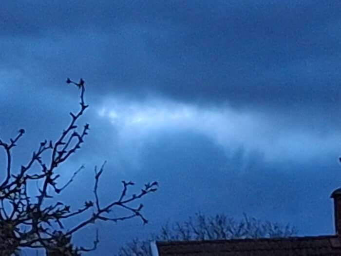 Molnig himmel med en ljusare glipa och silhuetten av ett träd utan löv i förgrunden samt taket av ett hus.