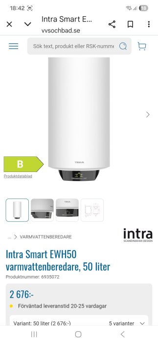 Vit Intra Smart EWH50 varmvattenberedare, 50 liter, på en produktsida med pris och produktinformation.