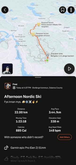 Karta över Borlänge kommun med markerad nordisk skidåkningstur, distans 22 km, tid 1:22:18, höjdökning 338 m, genomsnittspuls 148 bpm.
