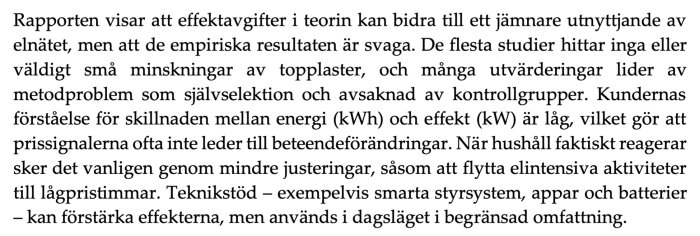 Textutdrag om effektivitet och utmaningar med effektavgifter på elnätet och bristen på empiriska stöd och kundförståelse.