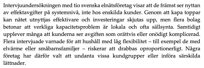 Bild av text som handlar om elnätsföretags syn på effektavgifter och deras påverkan på hushåll med låg flexibilitet.