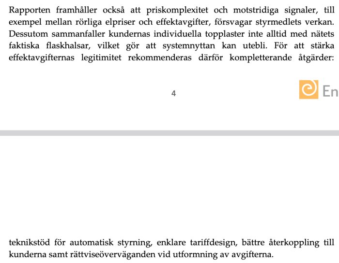 Text i rapport som diskuterar problem med effektavgifter, deras påverkan och möjliga lösningar för stärkt legitimitet och rättvishantering. Page 4.