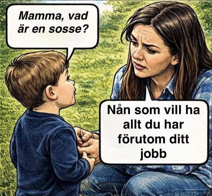 Mor och barn sitter i gräs och pratar. Textbubblor: "Mamma, vad är en sosse?" "Nån som vill ha allt du har förutom ditt jobb.