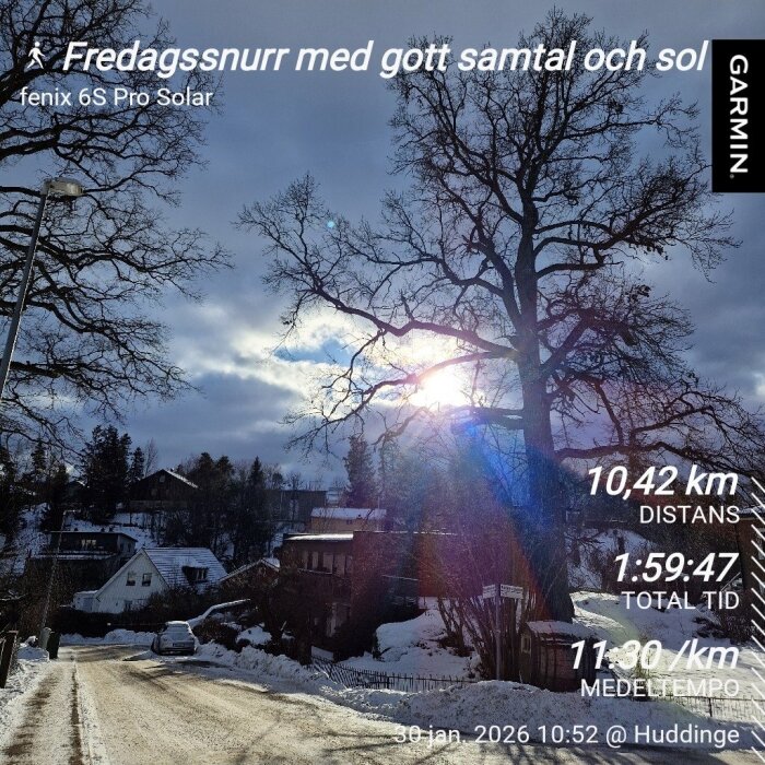 Solig vinterdag med snöbeklädd väg och stora träd i Huddinge, en Garmin-löpning på 10,42 km registrerad.
