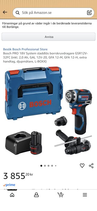 Bosch PRO 18V sladdlös borrskruvdragare med tillbehör som batteri, laddare, djupmätare och L-BOXX för förvaring.