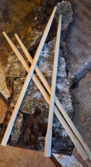 Fyra sushipinnar placerade på en bit björknäver.
