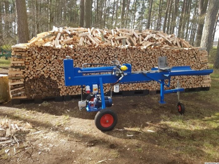 Vedklyv framför en stor stapel huggen ved i skogsmiljö.
