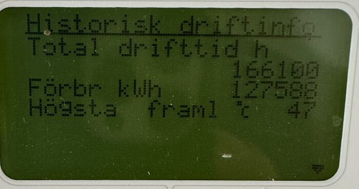 Display av bergvärmepump som visar historisk drifttid, förbrukning i kWh och högsta framledningstemperatur.