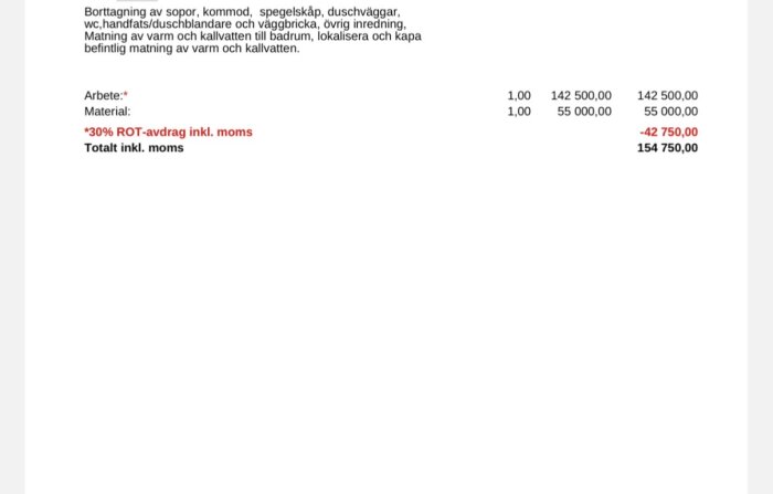 Offert för renovering med specifikationer och kostnader, inkl. ROT-avdrag, totalt 154 750 kr. Arbeten inkluderar borttagning och vattenmatning.