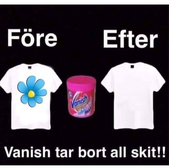 Bild visar en förebild på en tröja med blomma, en Vanish-burk, och en efterbild på en ren tröja. Text: "Vanish tar bort all skit!