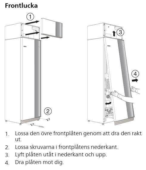 Instruktioner för att ta bort frontluckan, med steg för steg-bilder som visar hur du lossar och drar ut frontplåten.