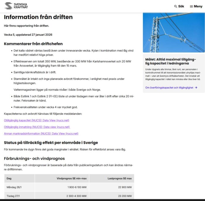Information från Svenska kraftnät om driften och kapaciteten i kraftsystemet, med en bild av en kraftledning mot blå himmel.