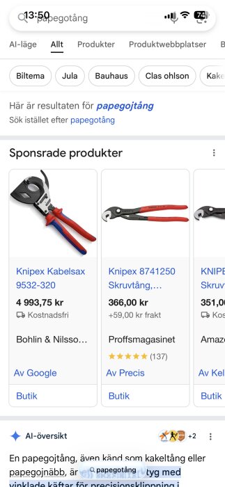 Bild på sökresultat för "papegojtång" med sponsrade produkter, inklusive Knipex kabelsax, visas på en mobilskärm.