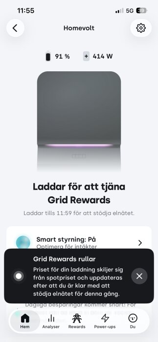 Gränssnittsbild för app med Homevolt-laddning, batteristatus 91 %, effekt på 414 W, med fokus på Grid Rewards och smart styrning.