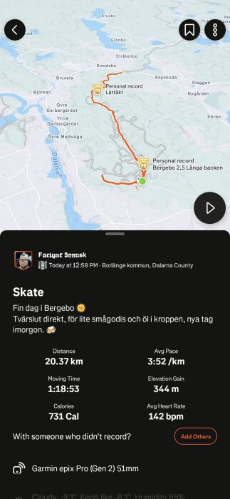Karta och statistik från en skridskotur i Bergebo med personliga rekord. Distans 20,37 km, tid 1:18:53, kalorier 731, snittpuls 142 bpm.