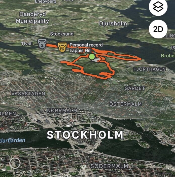 Karta över Stockholm med en markerad orange rutt runt Lappis Hill och personalrekord-nålsymboler, visar området kring Stockholms nordöstra delar.