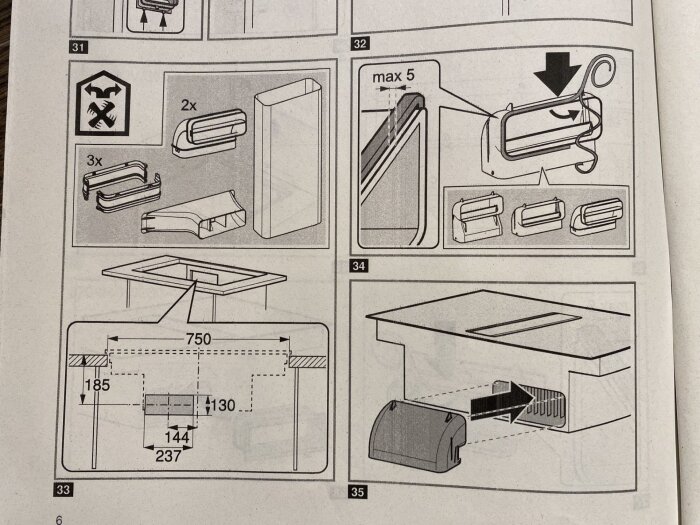 Instruktionsbilder för montering av en spishäll med integrerad fläkt, visar komponenter, mått och fläktkanalens placering i köksö.