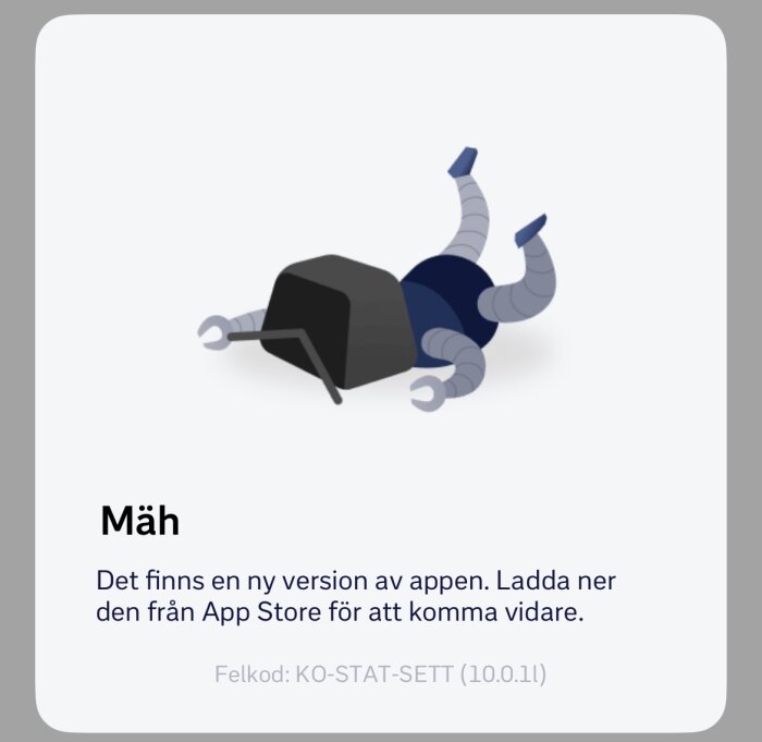 En tecknad figur av en robot ligger på rygg med sina ben och armar uppåt i luften.