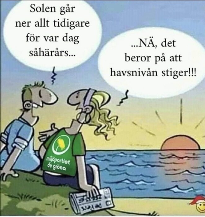 Tecknad bild av två personer som diskuterar solnedgången vid havet. En person har en tröja med en logotyp.
