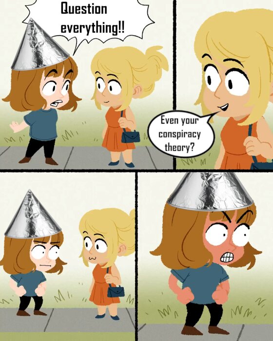 Två tecknade figurer pratar. Den ena har foliehatt och säger "Question everything!!". Den andra frågar "Even your conspiracy theory?" med en lugn min.