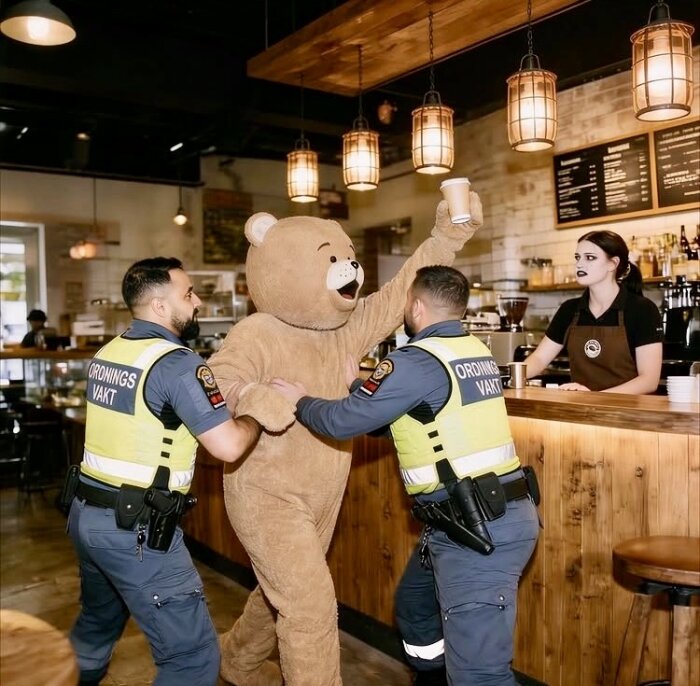 En person i björndräkt hålls av två ordningsvakter i ett café, med en barista som tittar på.