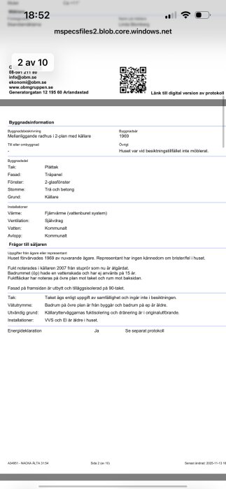 Besiktningsrapport för ett radhus med byggnadsinformation, frågor till säljaren och installationsdetaljer.