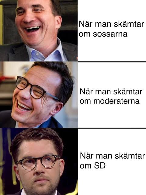 Tre bilder av olika personer med text om att skämta om politiska partier: sossarna, moderaterna och SD. Olika ansiktsuttryck för varje parti.