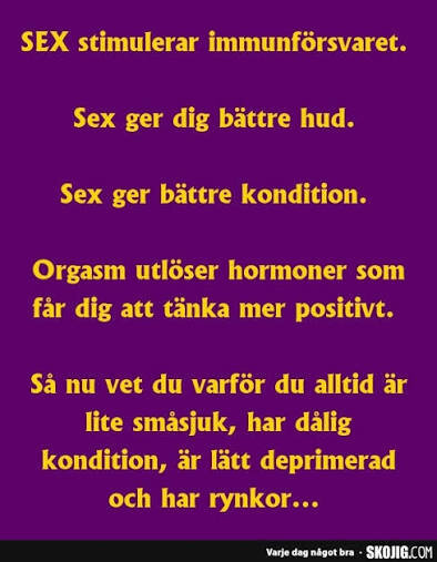 Sex stimulerar immunförsvaret, ger bättre hud och kondition, och frigör hormoner som främjar positivt tänkande. Humoristisk text om hälsa och relationer.