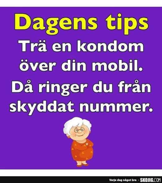 Humoristiskt tips om att täcka en mobil med kondom för skyddat nummer; tecknad äldre dam i bakgrunden.