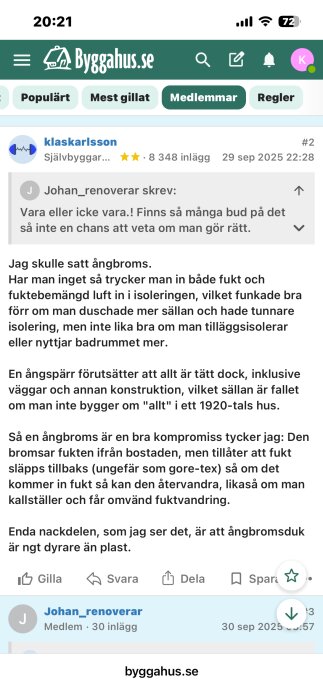 Skärmdump på diskussionsforumet Byggahus.se där användare diskuterar ångspärrar och byggtekniker i kommentarsfältet.
