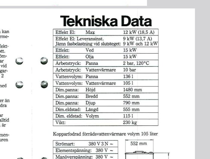 Teknisk data-tabell för värmepanna, inklusive effekt, arbetstryck och vikt på 230 kg. Diagram visar dimensionsmått och strömkrav.