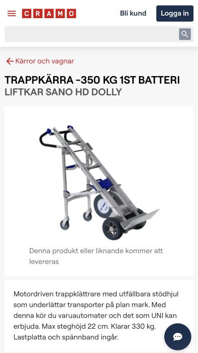 Motordriven trappklättrare med utfällbara stöd, lastplatta och spännband. Klarar upp till 330 kg och har en max steghöjd på 22 cm.