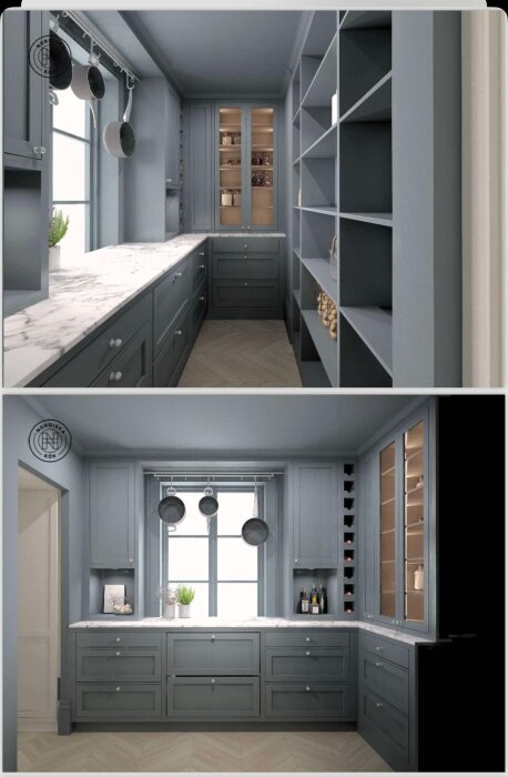 Rendering av ett grått gå-in-skafferi med carrara bänkskiva, hyllor och skåp. Fönster med hängande kärl och glasdörrar på skåpen.