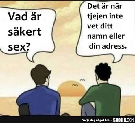 Två personer sitter vid solnedgången och diskuterar vad säkert sex är, med skämtsamt svar i pratbubbla.