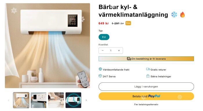 Bärbar kyl- och värmeklimatanläggning visas med fjärrkontroll, kylande och värmande funktioner, erbjuds till reducerat pris.