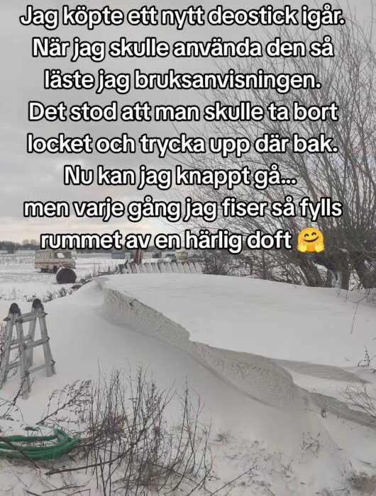 Snötäckt landskap med snödriva, en stege och en slang, samt träd i bakgrunden under en mulen himmel. Text ovanpå bilden.