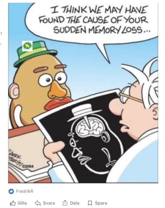 Tecknad bild med Mr. Potato Head och en läkare som håller en röntgenbild av en potatis med text om minnesförlust.