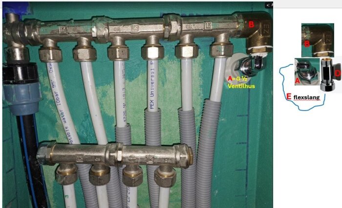 VVS-installation med flera vattenrör och ventiler, märkta med bokstäver för identifiering. Flexslangar är anslutna och betonade mot grön bakgrund.