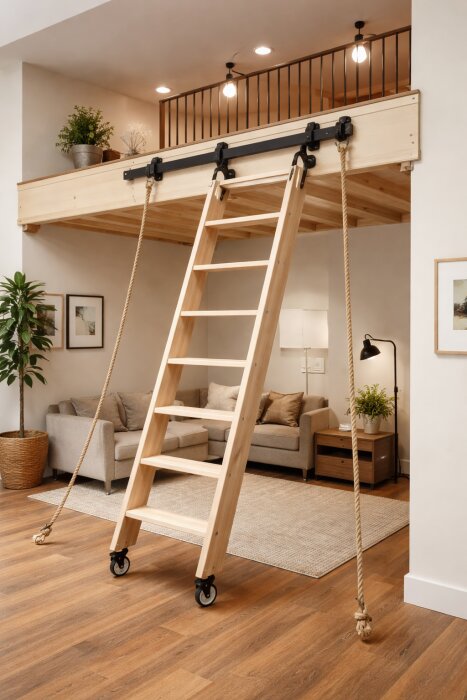 Stege med hjul och sidorep som leder till ett loft, i ett rum med soffa och växter.
