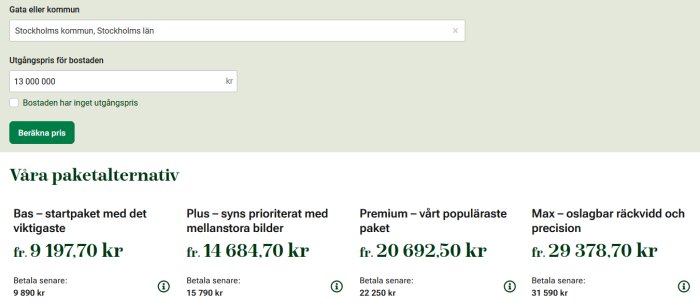 Annonspaket med priser för Stockholms bostadsmarknad, inklusive Bas, Plus, Premium och Max-alternativ med olika kostnader.