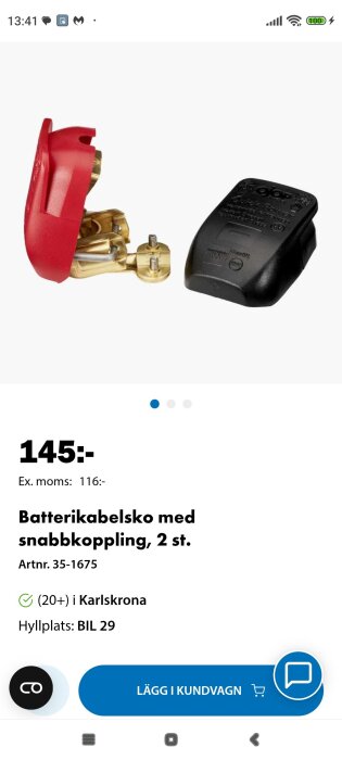 Batterikabelsko med snabbkoppling, 2 st, en röd och en svart, visas mot en vit bakgrund. Produktspecifikation och pris framgår.