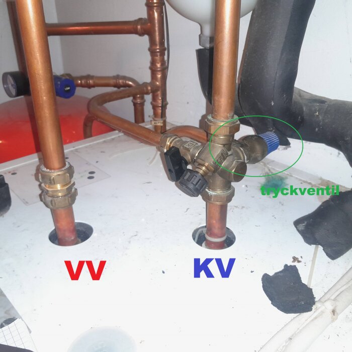 Gammal bergvärmepanna med kopparrör, tryckventil och blandningsventil. KV och VV rörmarkerade. Diskussion om tryckventilens placering.