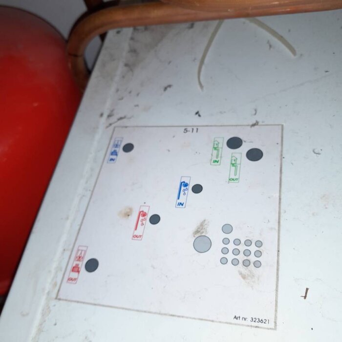 Schematisk ritning på en vit yta. Färgkodade in- och utgångar märks med röd, blå och grön text. Kopparrör syns vid kanten.