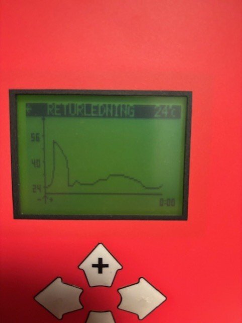 Bild av en bergvärmepumps display som visar en returledningstemperatur på 24°C med en udda framledningskurva.
