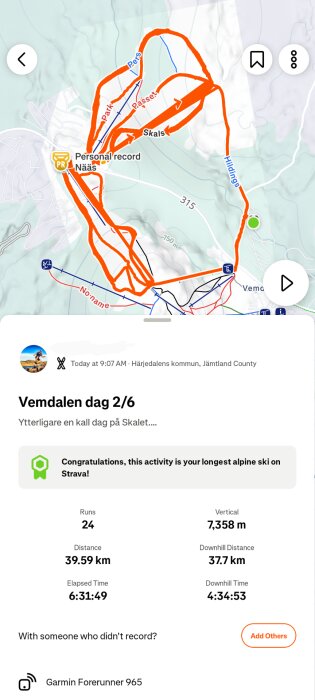 Skidspårskarta vid Vemdalsskalet med mätdata: 24 rundor, 39,59 km, vertikala meter 7 358 m. Och personlig rekordnotering på Garmin Forerunner 965.