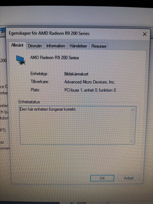 Egenskaper för AMD Radeon R9 200 Series visas på skärmen, enhet fungerar korrekt.