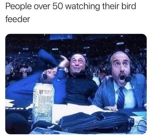 Tre personer med hörlurar ser förvånade och entusiastiska ut. Text ovan: "People over 50 watching their bird feeder.