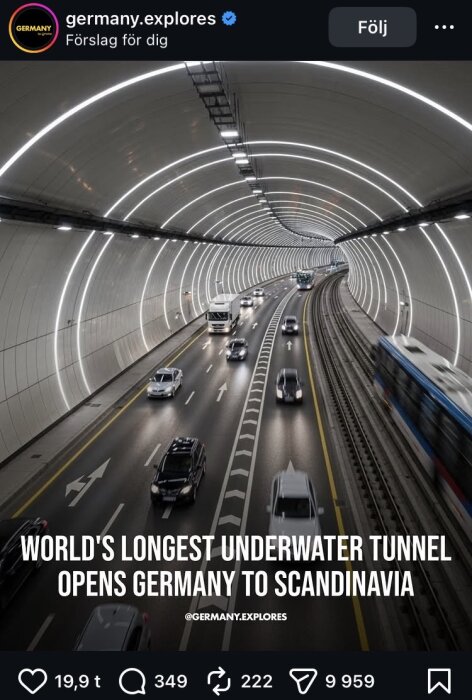 AI-genererad bild av en bilväg i en upplyst tunnel, med text "World's longest underwater tunnel opens Germany to Scandinavia".